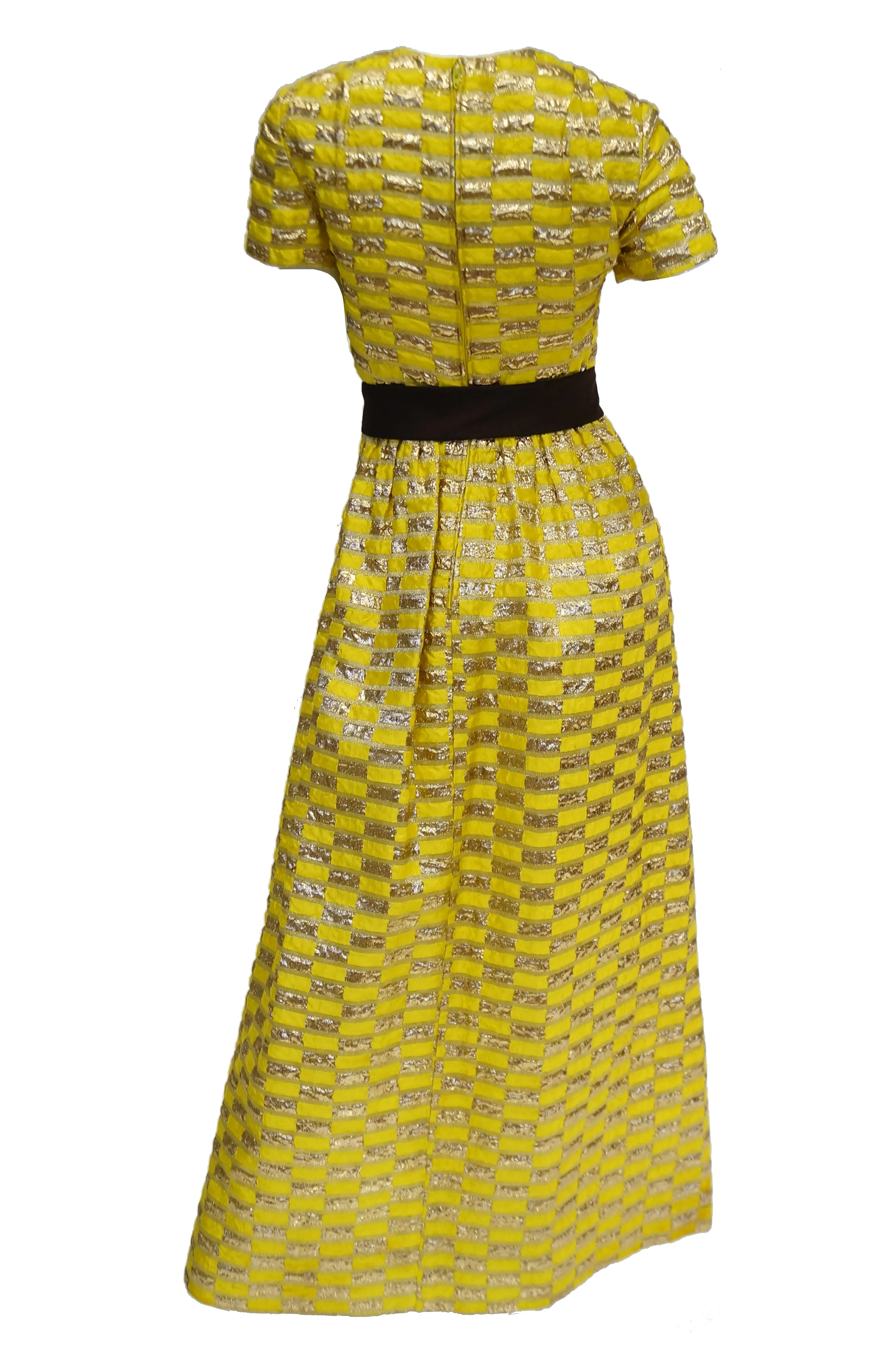 1960s Oscar de la Renta Yellow and Gold Checkerboard Print Evening Dress