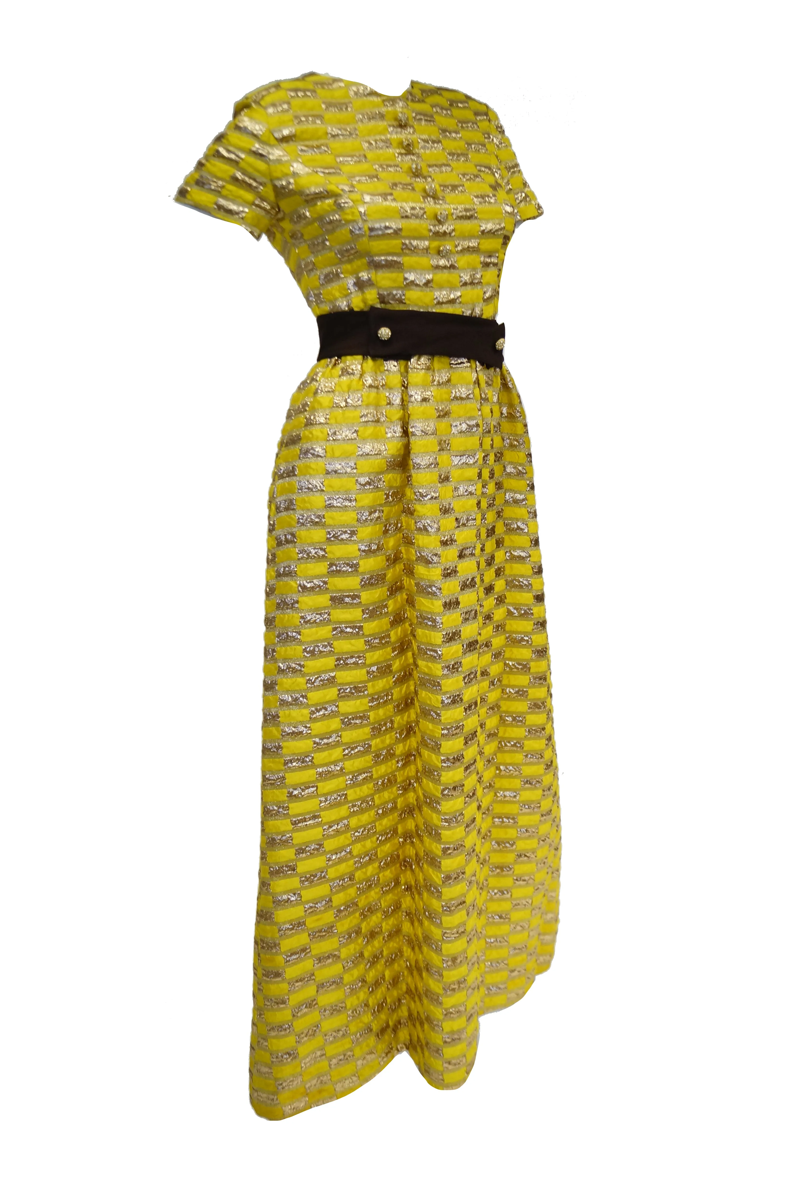 1960s Oscar de la Renta Yellow and Gold Checkerboard Print Evening Dress