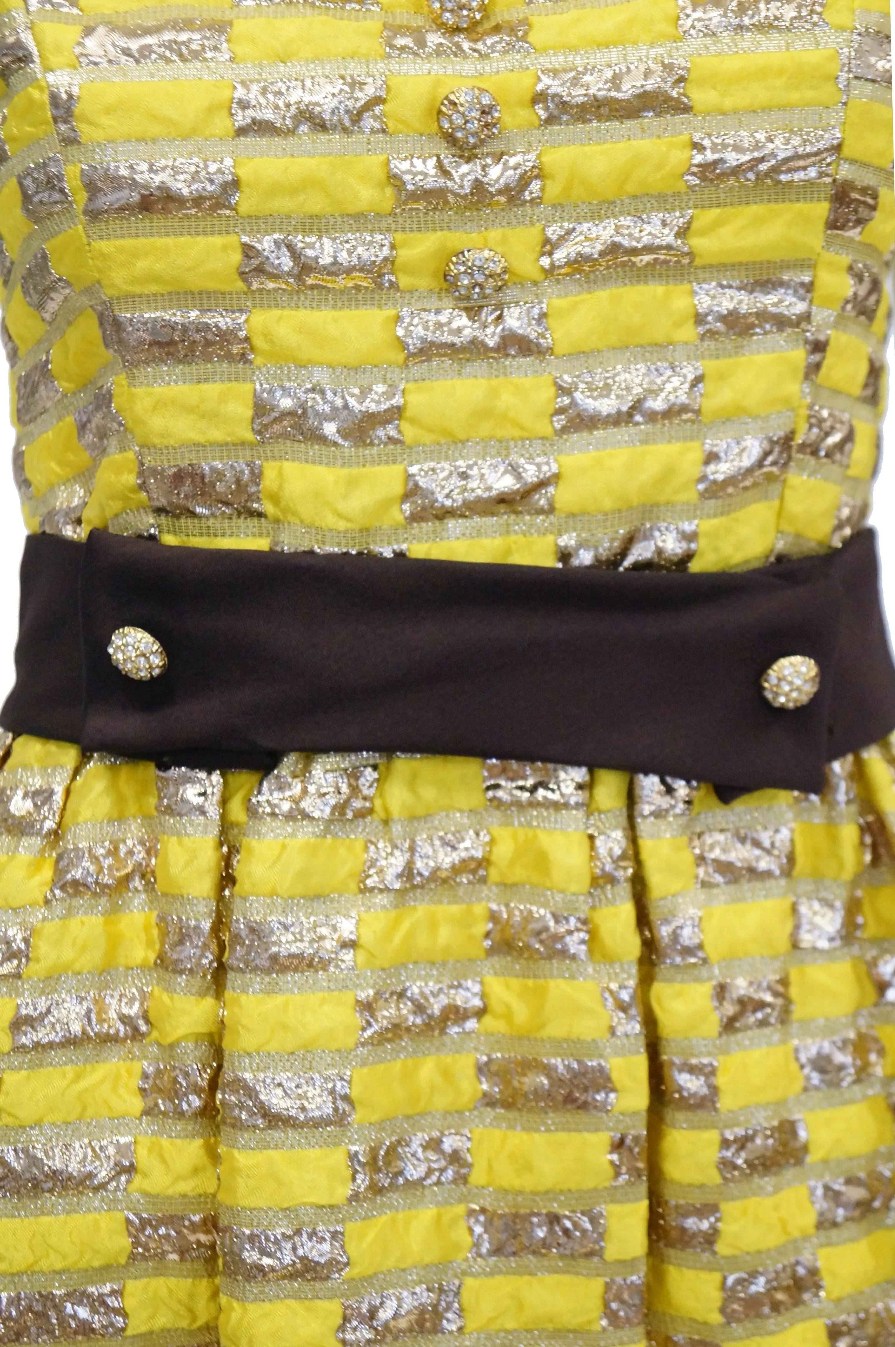 1960s Oscar de la Renta Yellow and Gold Checkerboard Print Evening Dress