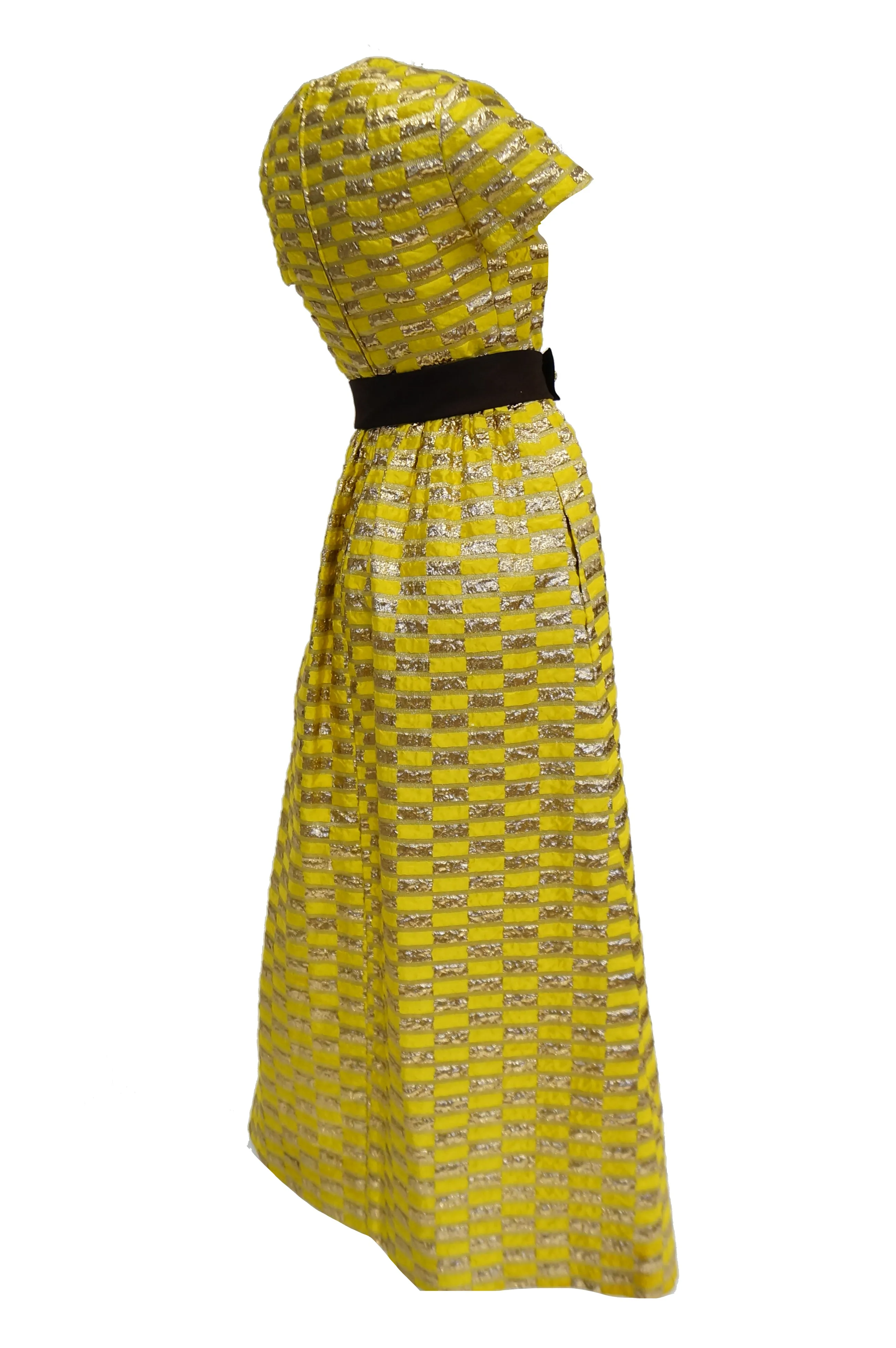 1960s Oscar de la Renta Yellow and Gold Checkerboard Print Evening Dress