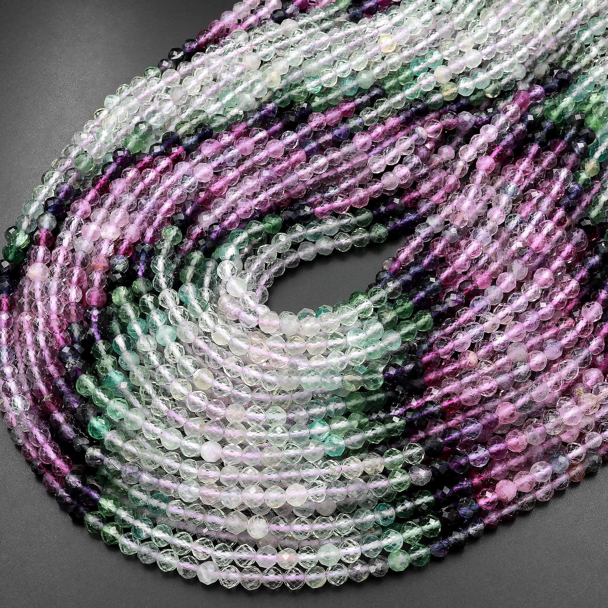 AAA Grade Gemmy Natural Fluorite Faceted 4mm Round Beads Micro Laser Cut Pink  Purple Green Gemstone Bead 15.5" Strand