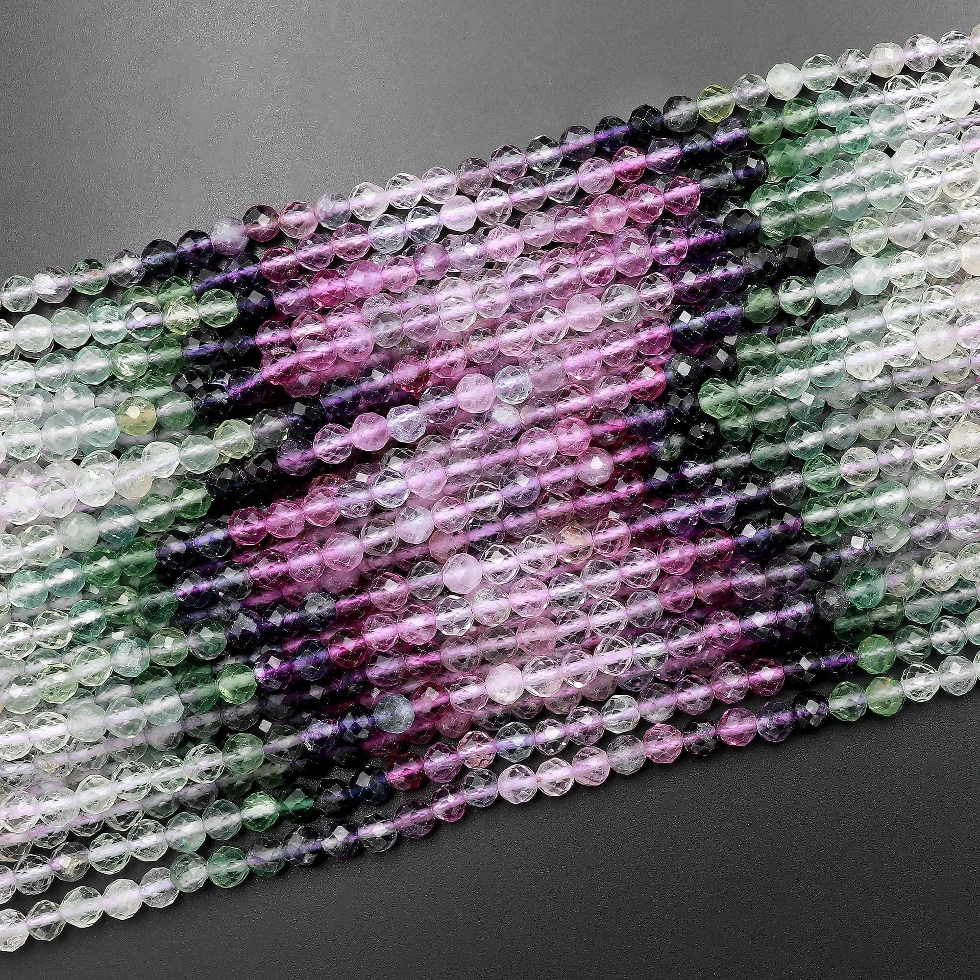 AAA Grade Gemmy Natural Fluorite Faceted 4mm Round Beads Micro Laser Cut Pink  Purple Green Gemstone Bead 15.5" Strand
