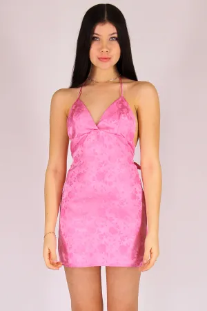 Adjustable Bralette Dress - Pink Satin with Roses