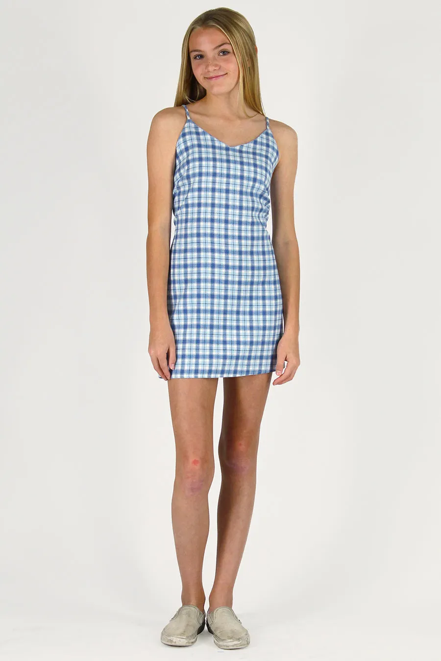 Adjustable Lace Back Dress - Flannel Blue Plaid