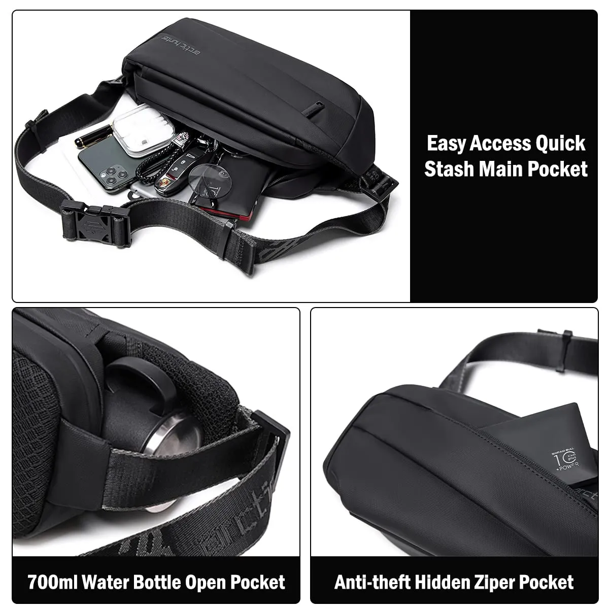 Arctic Hunter Sling Bag for Men,Stylish Mens Chest Bag Shoulder Bag Side Bag for Men 3 Pocket PU Coated Crossbody Bag (AH-YB00029 Sling Bag-Black)