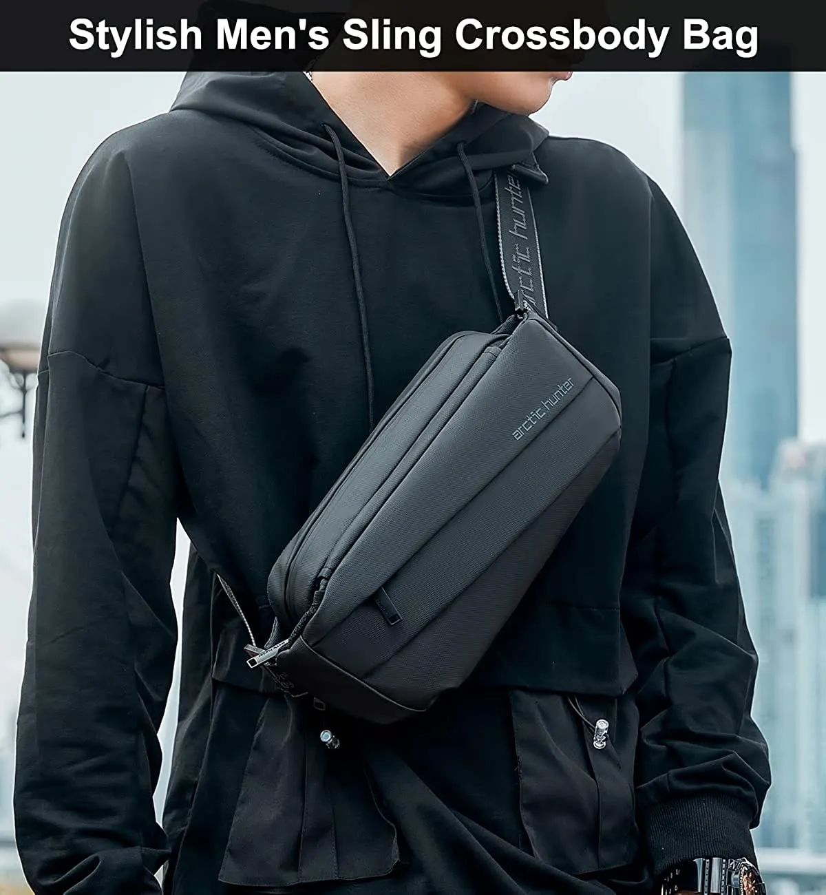 Arctic Hunter Sling Bag for Men,Stylish Mens Chest Bag Shoulder Bag Side Bag for Men 3 Pocket PU Coated Crossbody Bag (AH-YB00029 Sling Bag-Black)