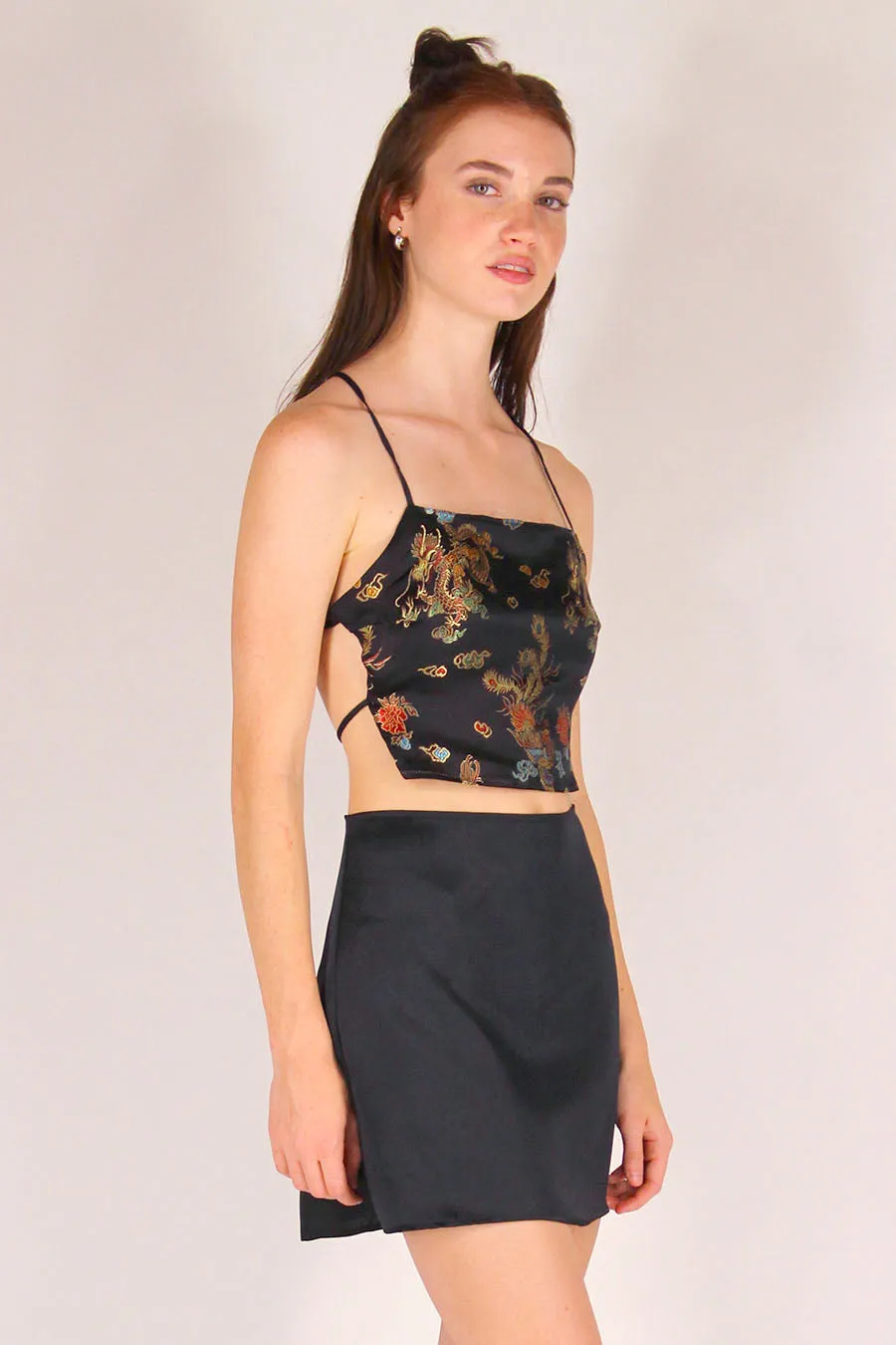 Backless Crop Top - Black Satin with Dragons