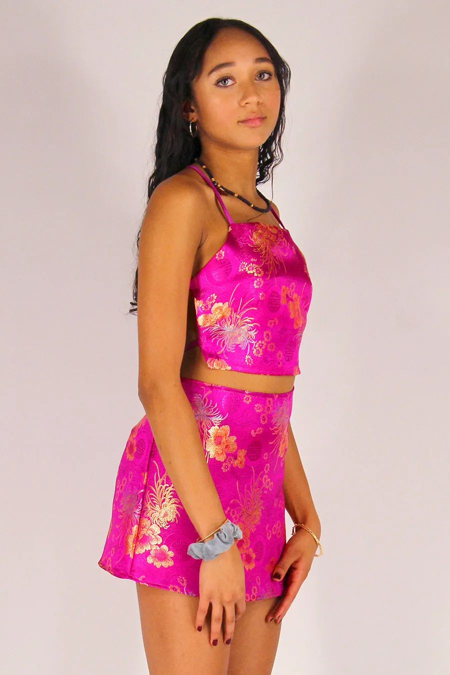 Backless Crop Top - Fuchsia Satin with Flowers