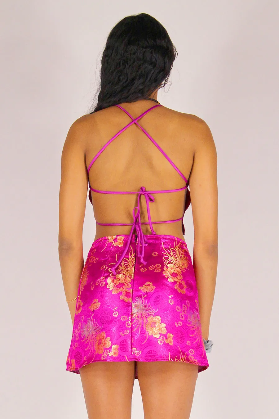 Backless Crop Top - Fuchsia Satin with Flowers