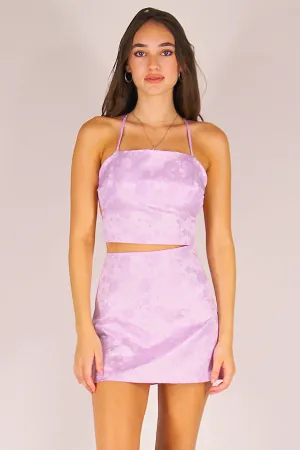 Backless Crop Top - Lavender Satin with Roses