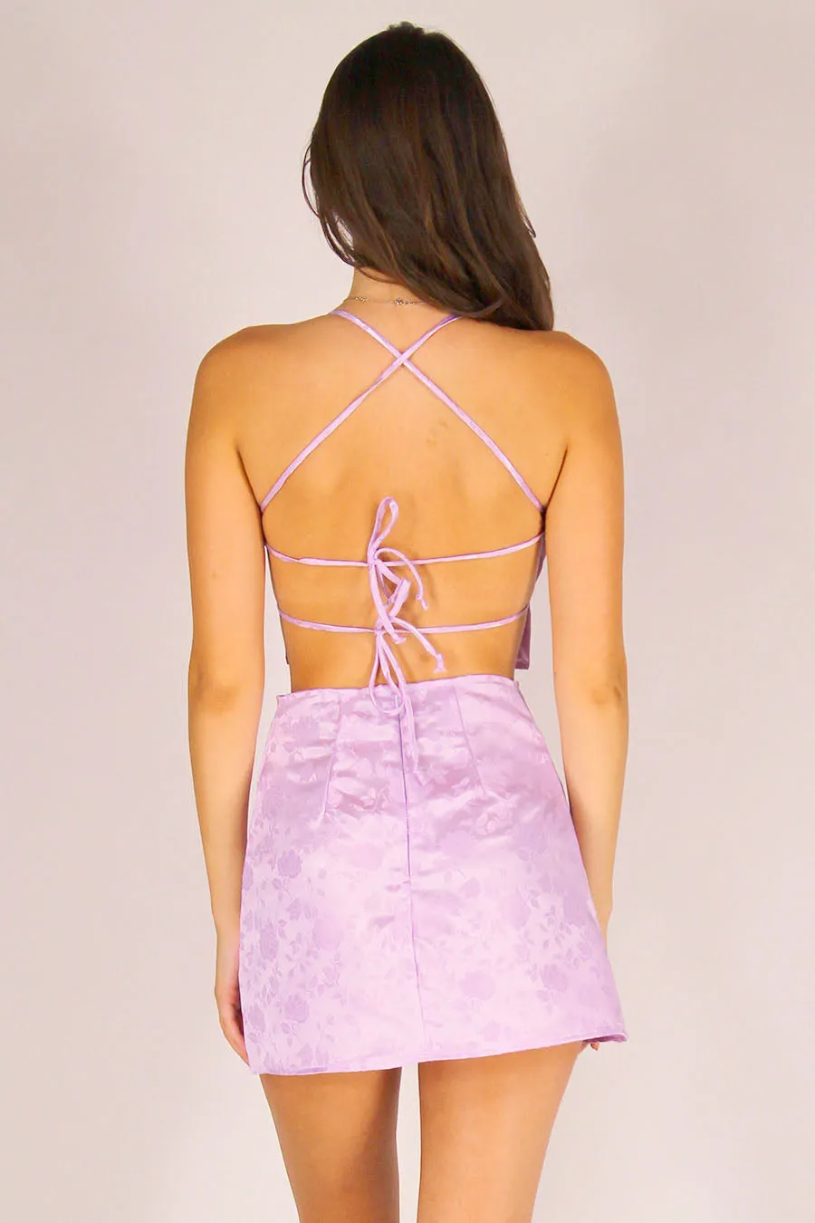 Backless Crop Top - Lavender Satin with Roses