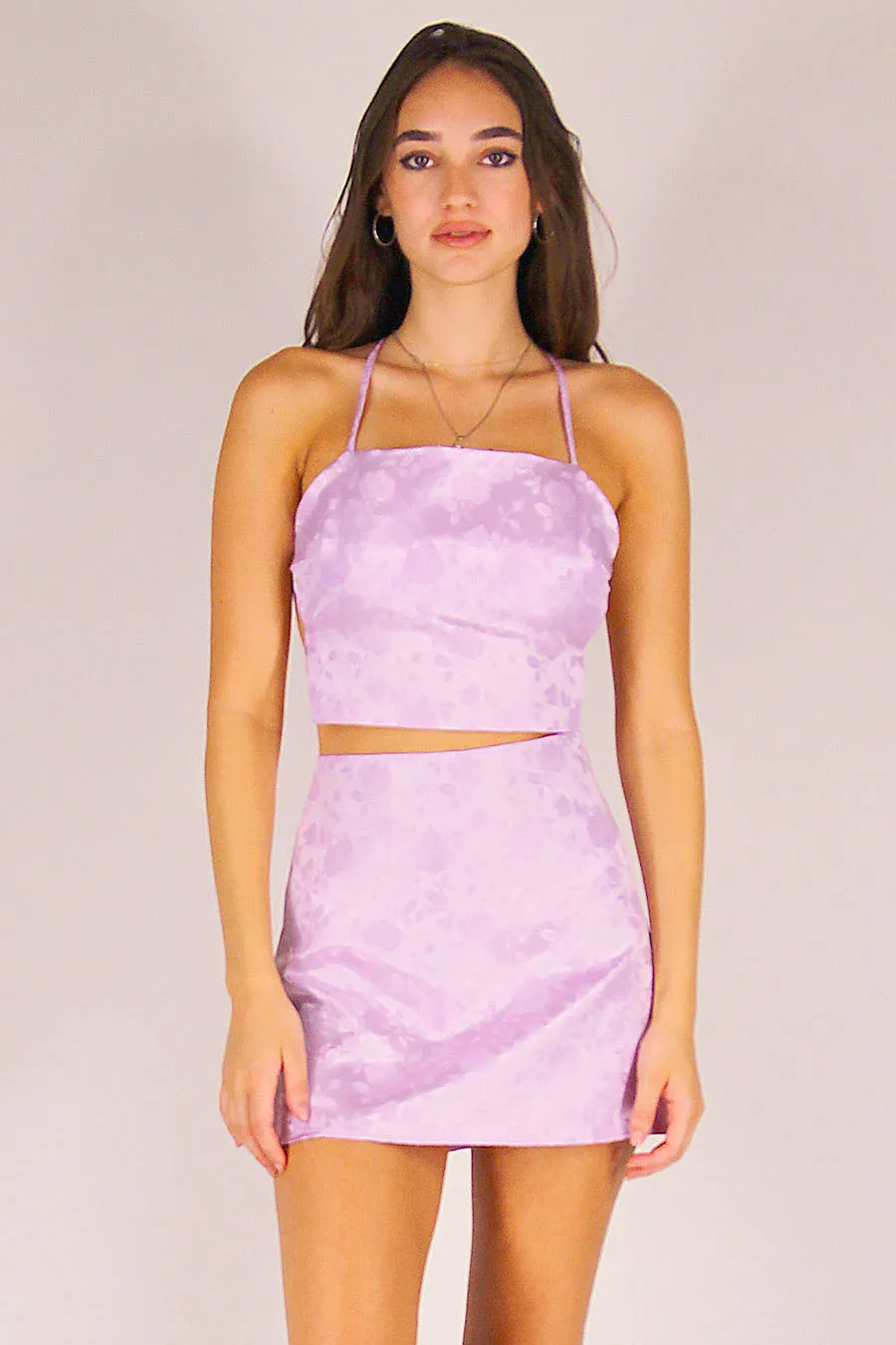Backless Crop Top - Lavender Satin with Roses