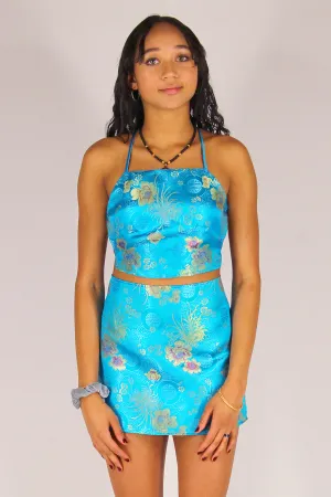 Backless Crop Top - Turquoise Satin with Flowers