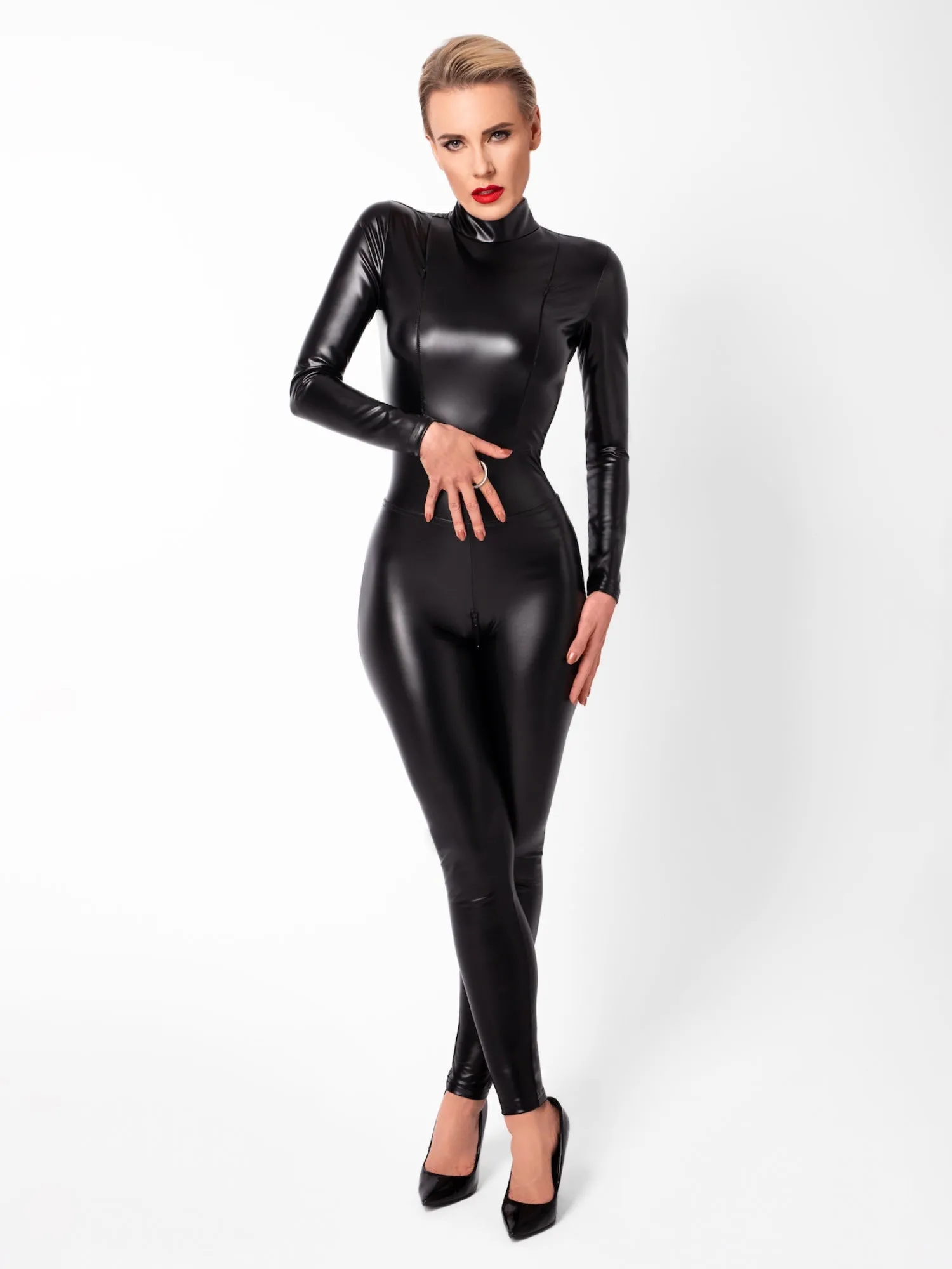 Caged Wetlook Catsuit With Zippers And Ring