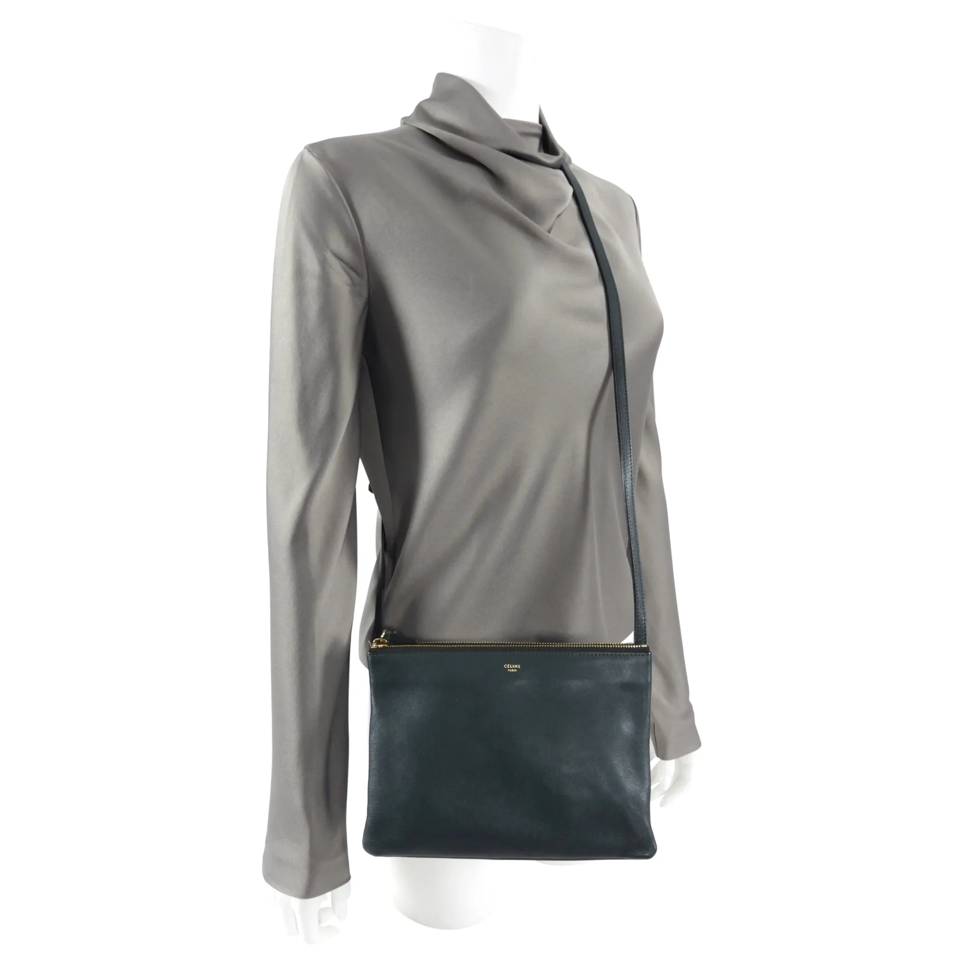 Celine Dark Green Smooth Leather Large Trio Crossbody Bag