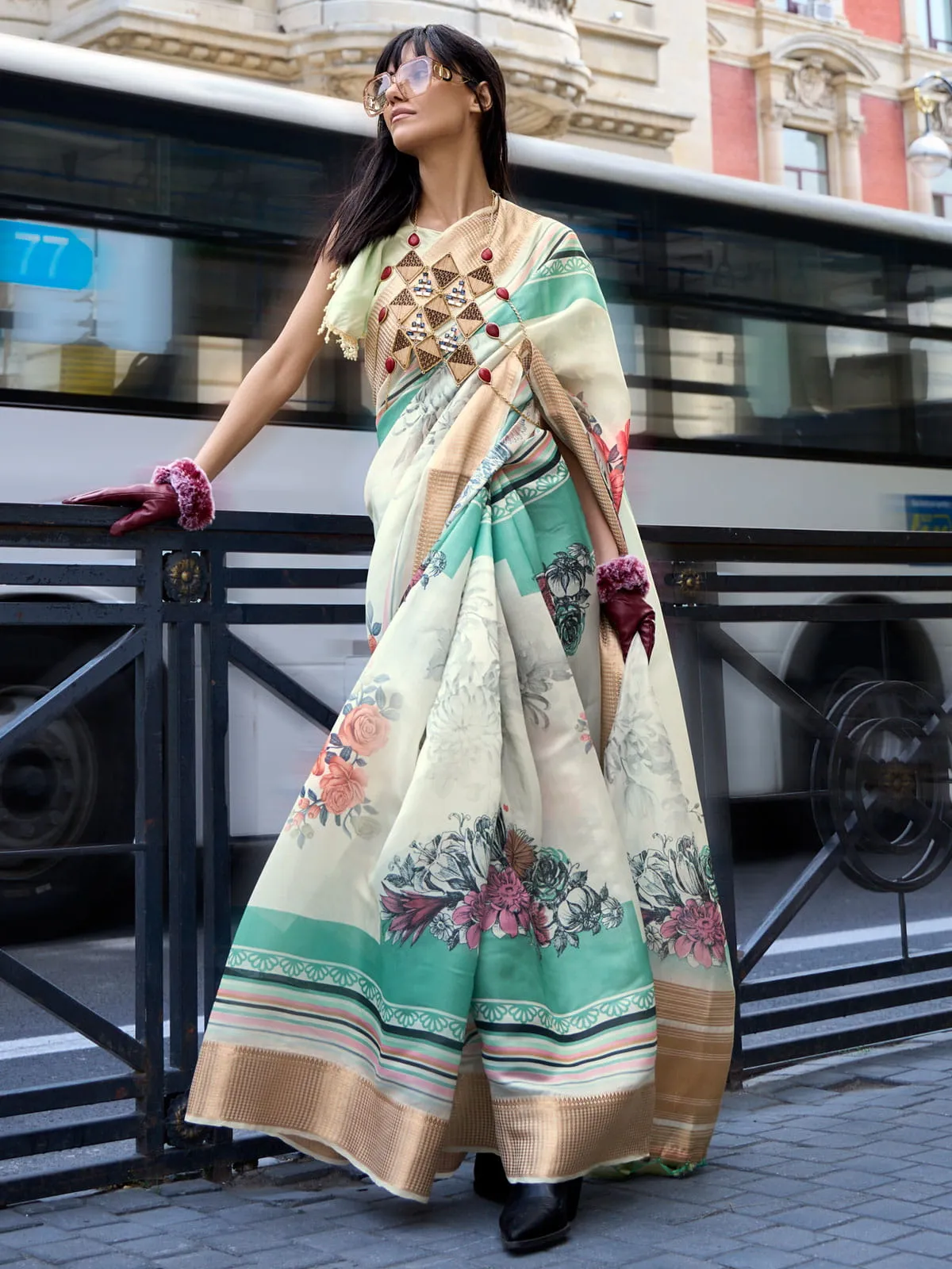 Cream Organza Saree