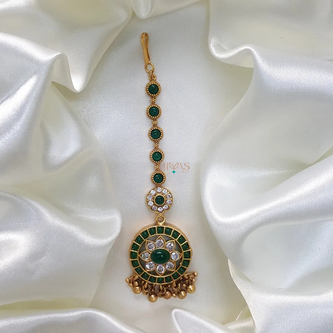 Dazzling AD Stone Maang Tikka - Green