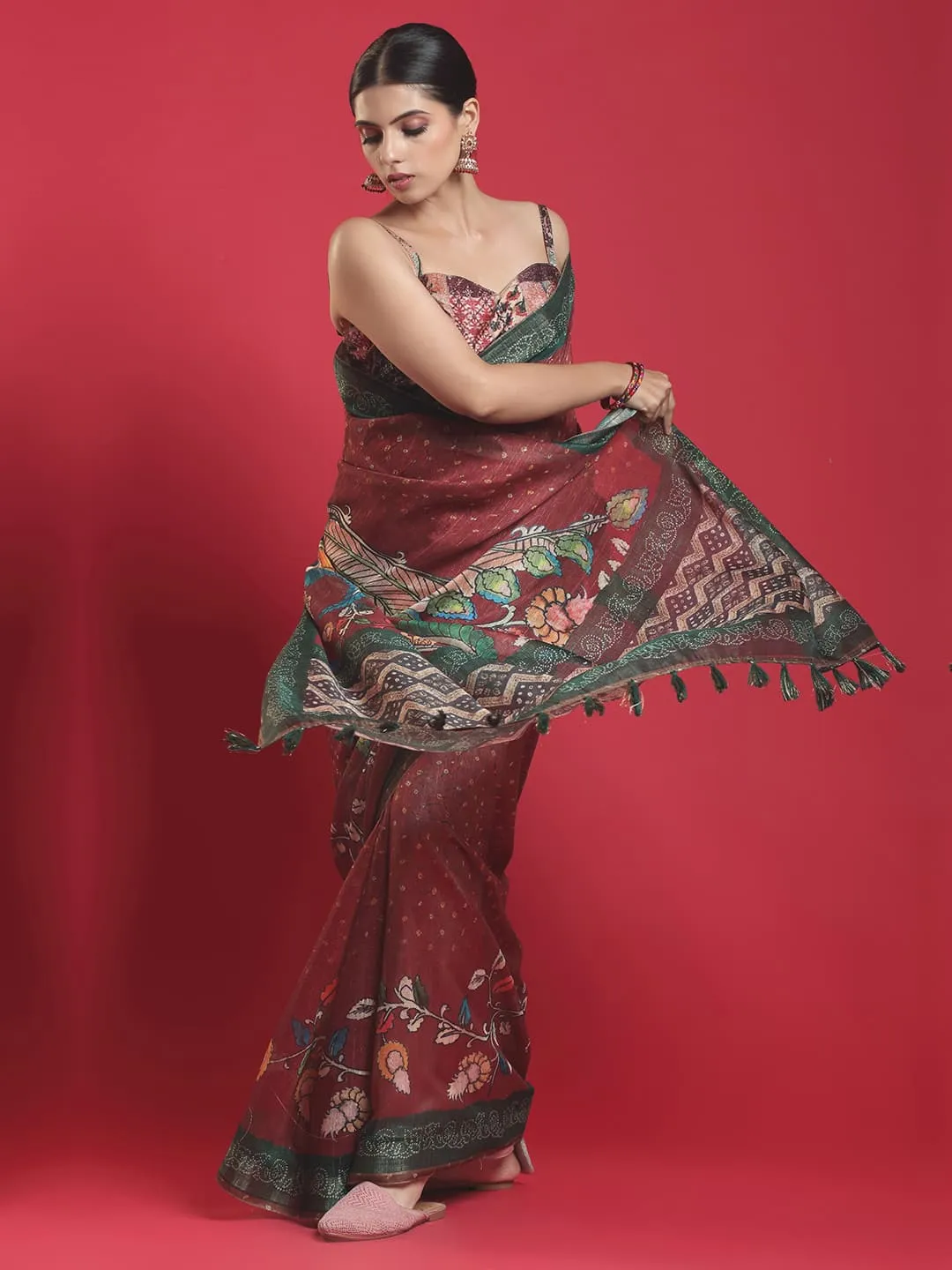 Dazzling Brown Pashmina Saree with Beautiful Green Border
