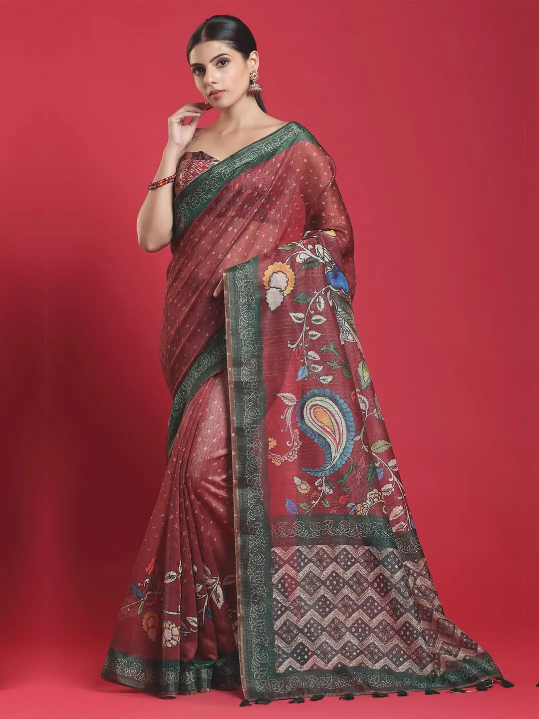 Dazzling Brown Pashmina Saree with Beautiful Green Border