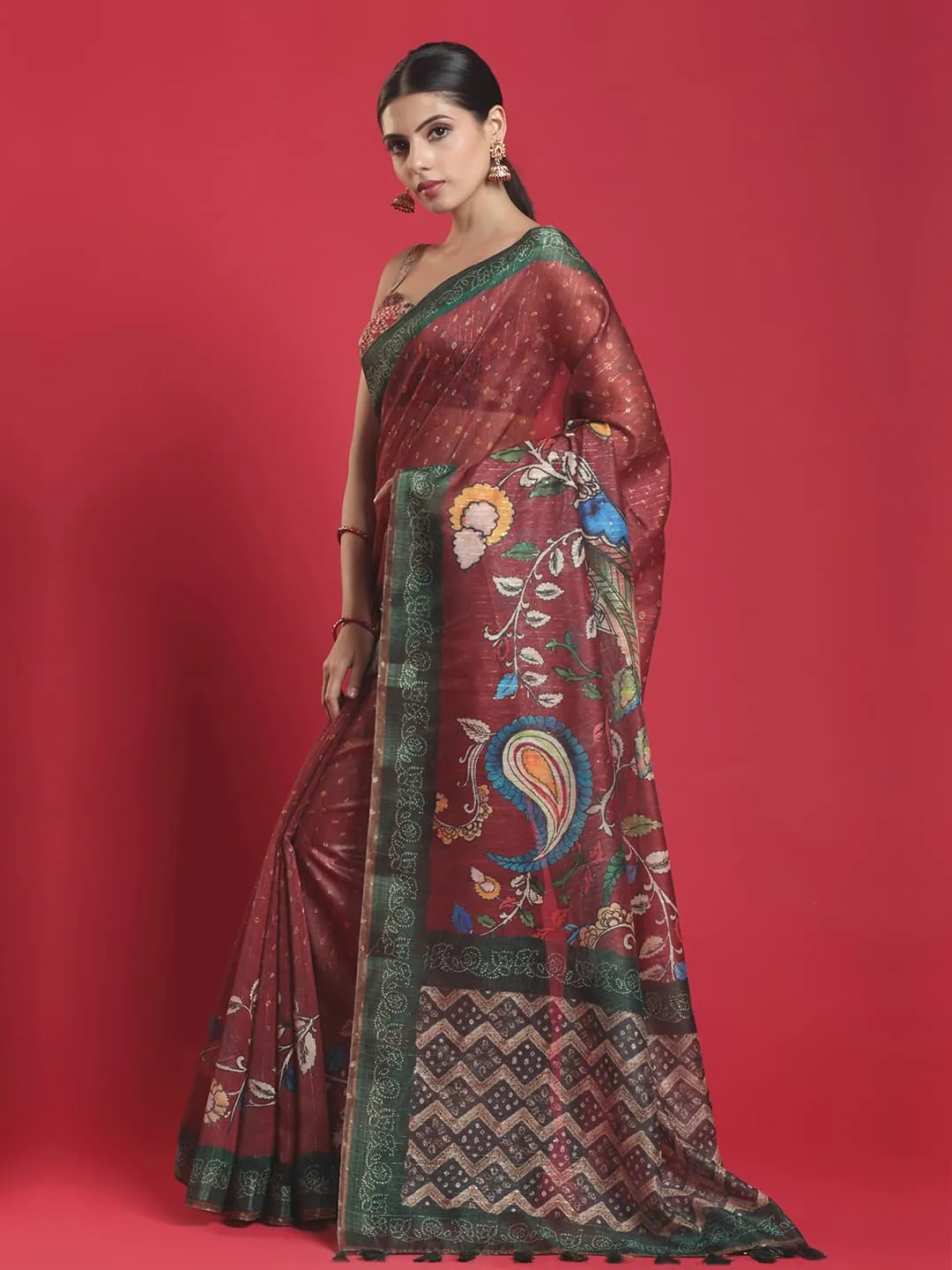 Dazzling Brown Pashmina Saree with Beautiful Green Border