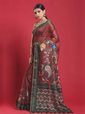 Dazzling Brown Pashmina Saree with Beautiful Green Border