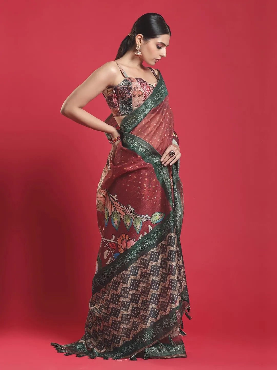 Dazzling Brown Pashmina Saree with Beautiful Green Border