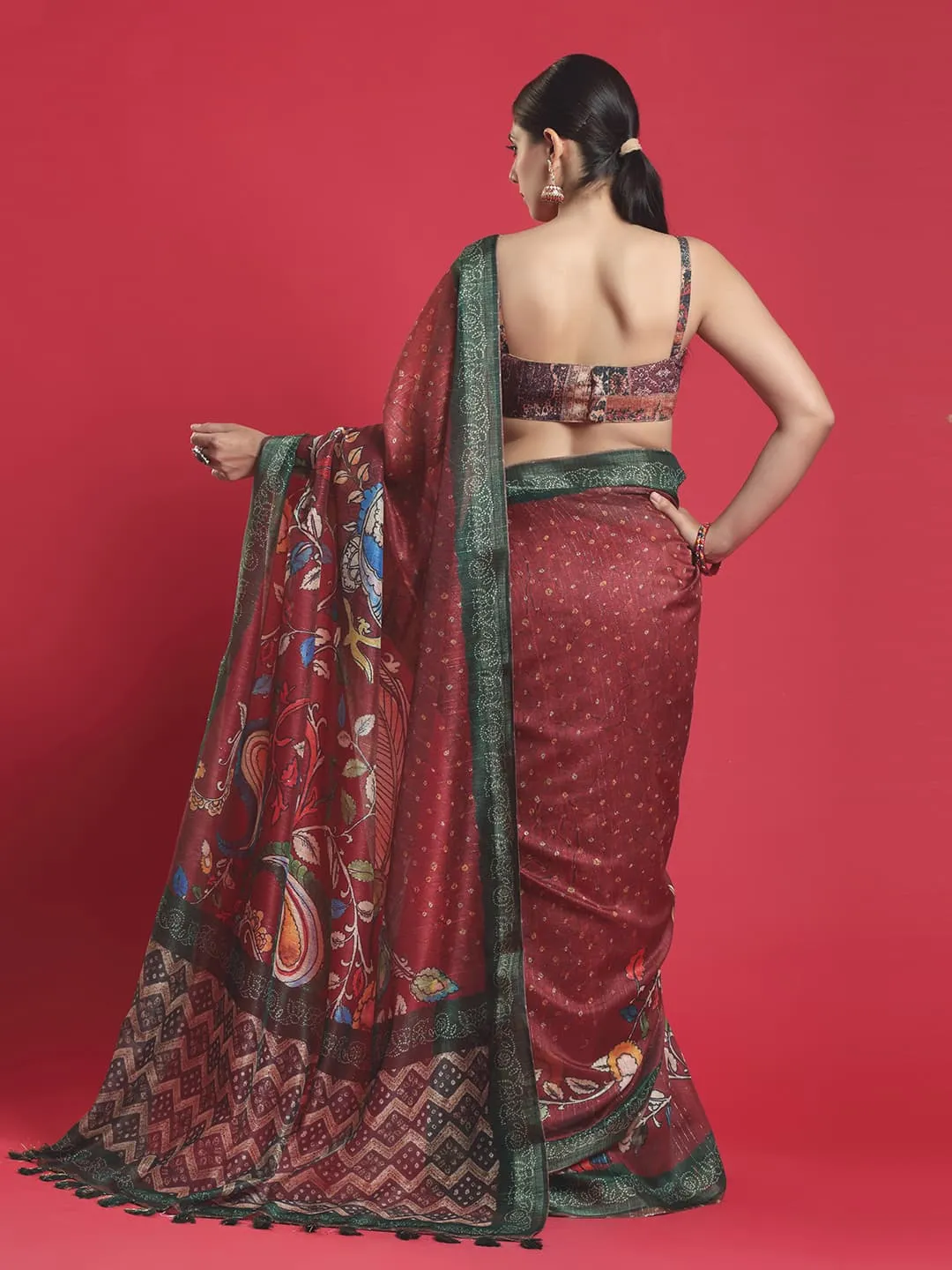 Dazzling Brown Pashmina Saree with Beautiful Green Border