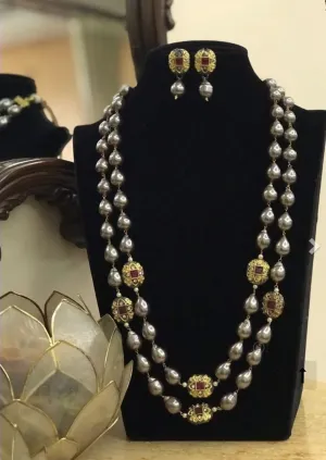 Double layered Peach Pearls  beaded Necklace Set