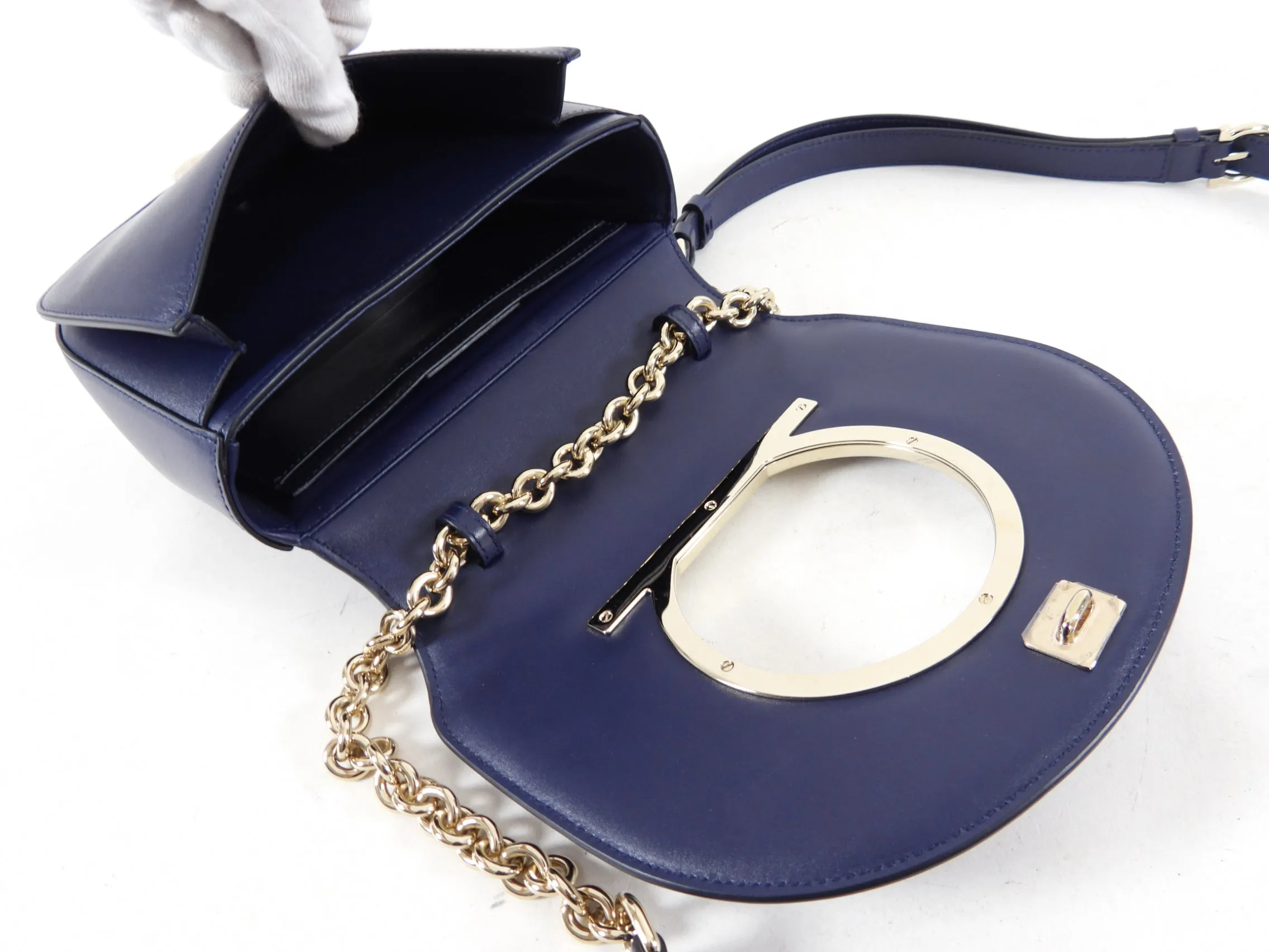 Ferragamo Navy Smooth Leather Vela Crossbody Bag