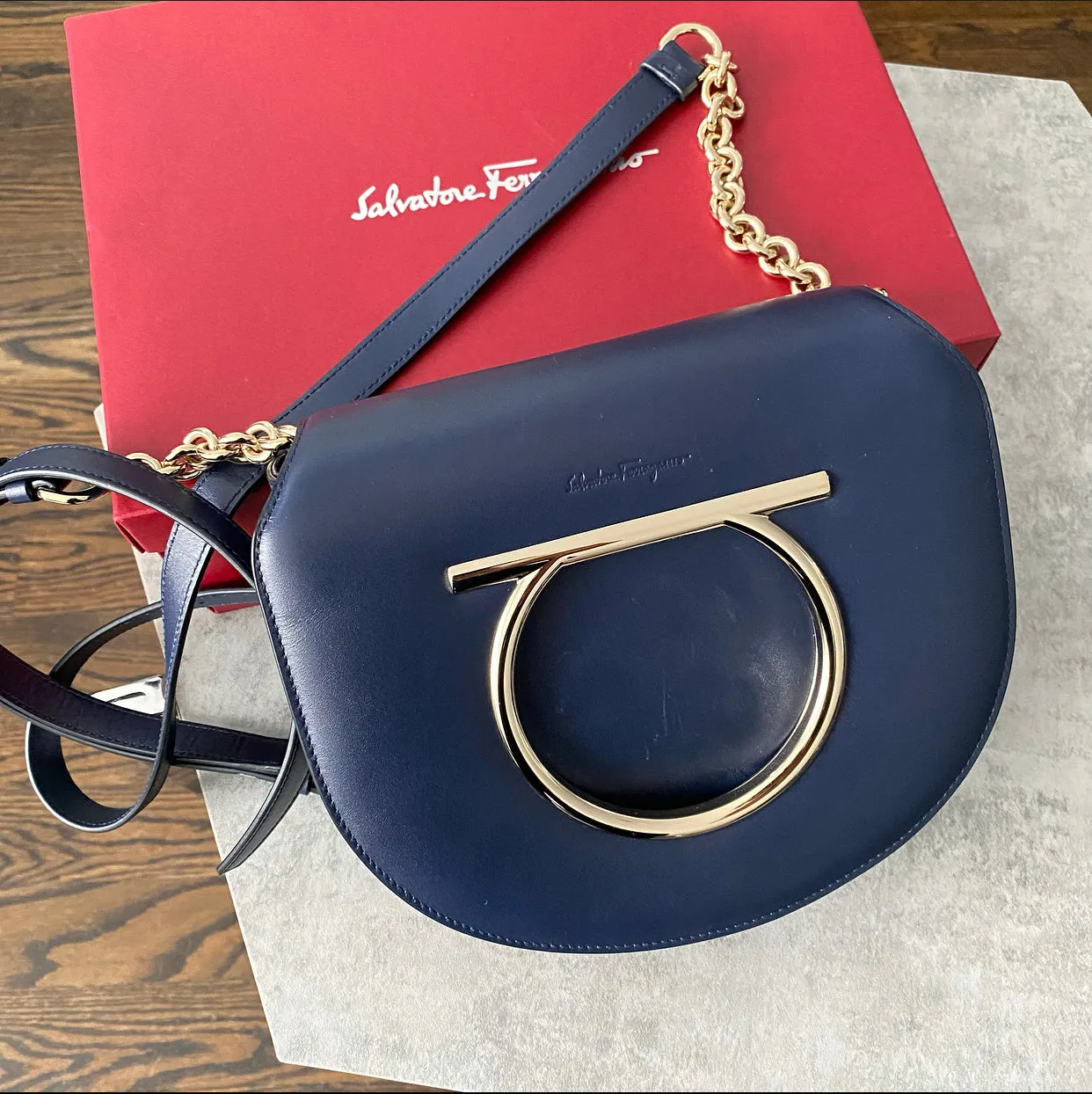 Ferragamo Navy Smooth Leather Vela Crossbody Bag