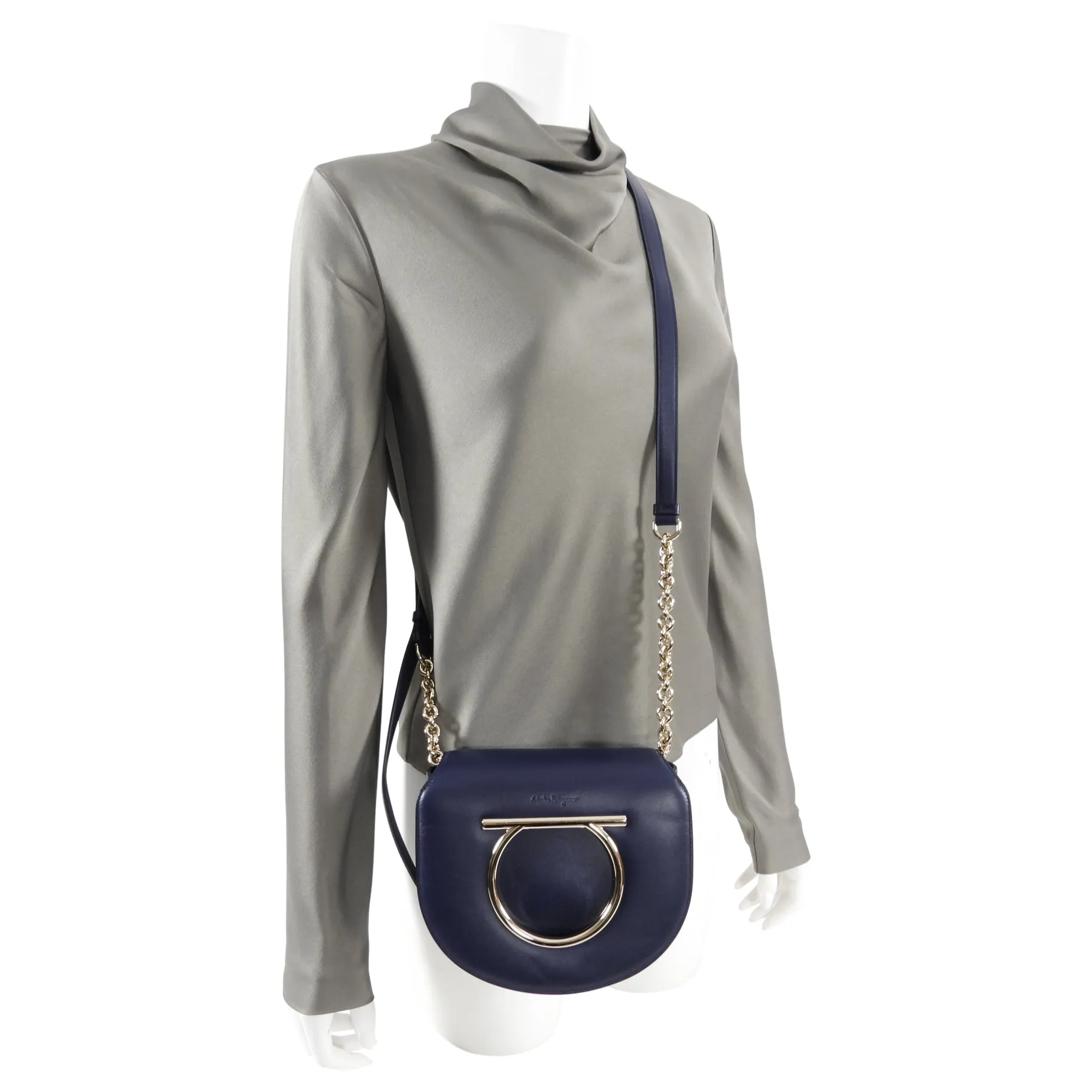 Ferragamo Navy Smooth Leather Vela Crossbody Bag