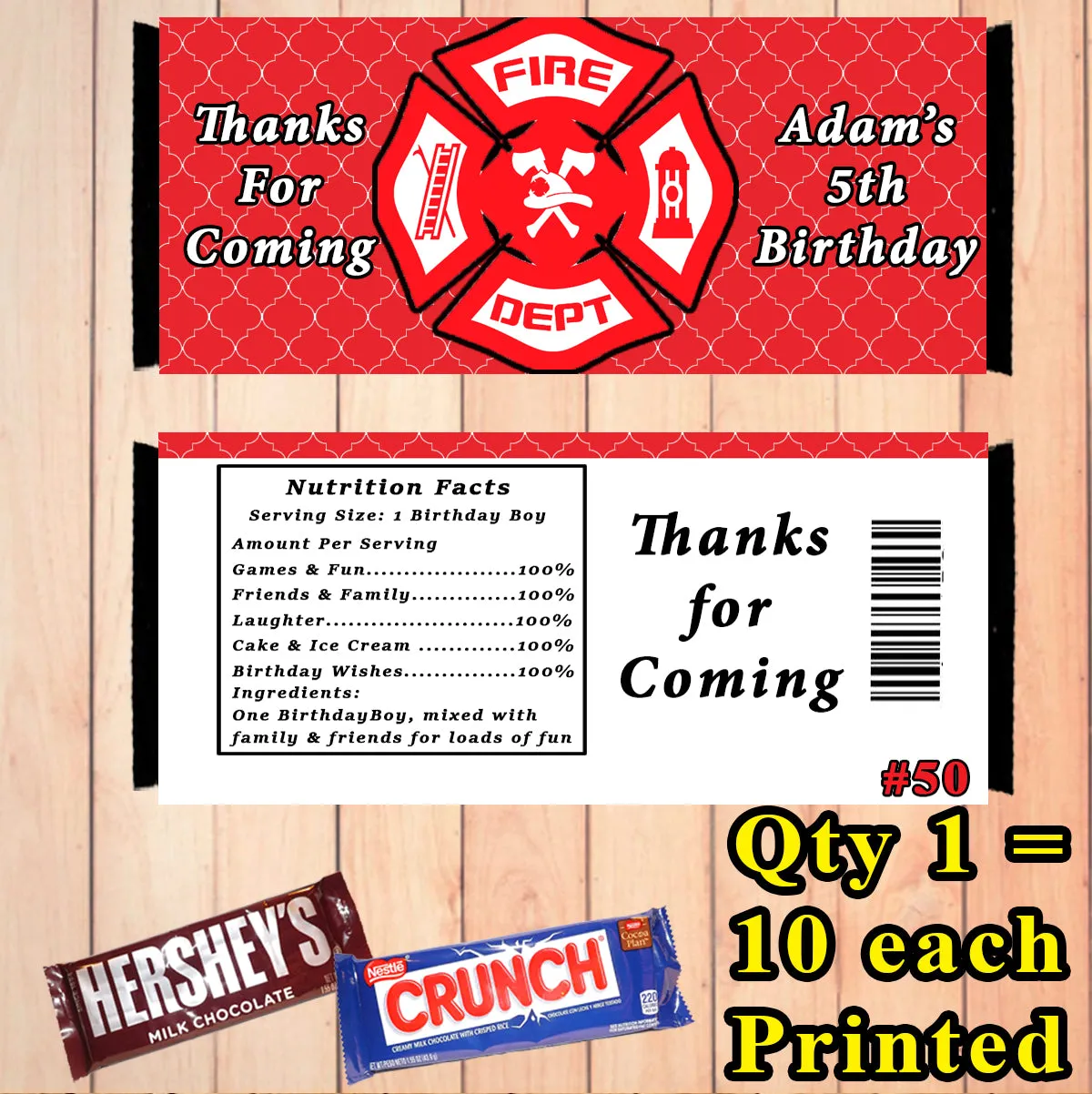 Firefighter Fire Truck Fireman Printed Birthday Candy Bar Wrappers 10 ea Personalized Custom Made