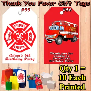 Firefighter Fire Truck Fireman Printed Favor Thank You Gift Tags 10 ea Personalized Custom Made