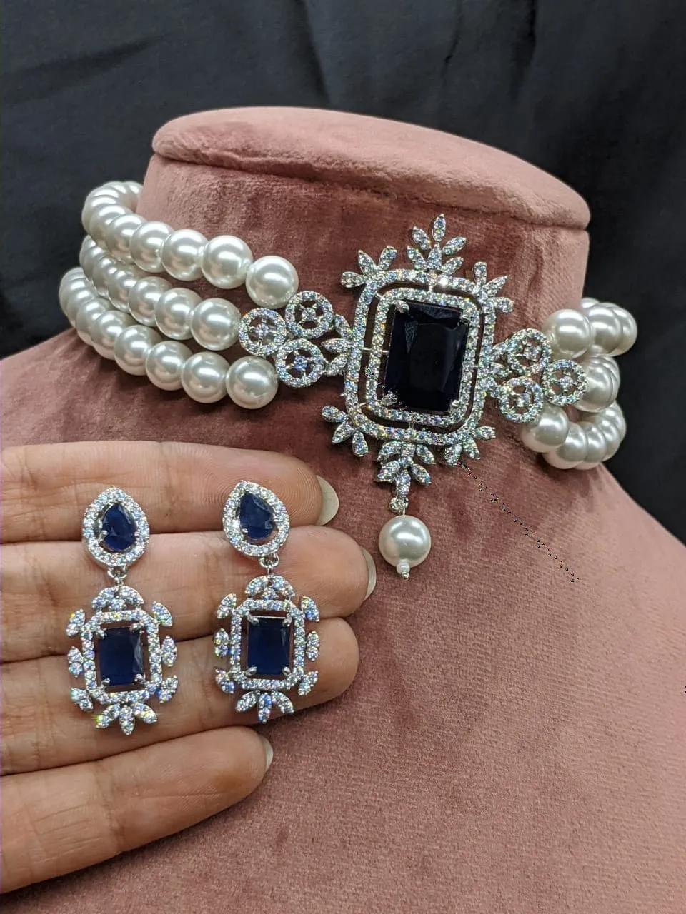 Gemzlane Blue Choker Diamond Necklace  Set