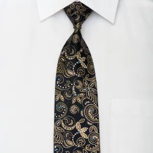 Gold Floral On Black Rhinestone Silk Necktie