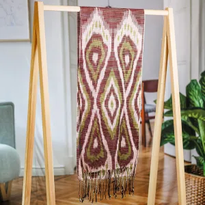 Hand-Woven Fringed Cotton Ikat Scarf in Green and Brown - Uzbek Style | NOVICA