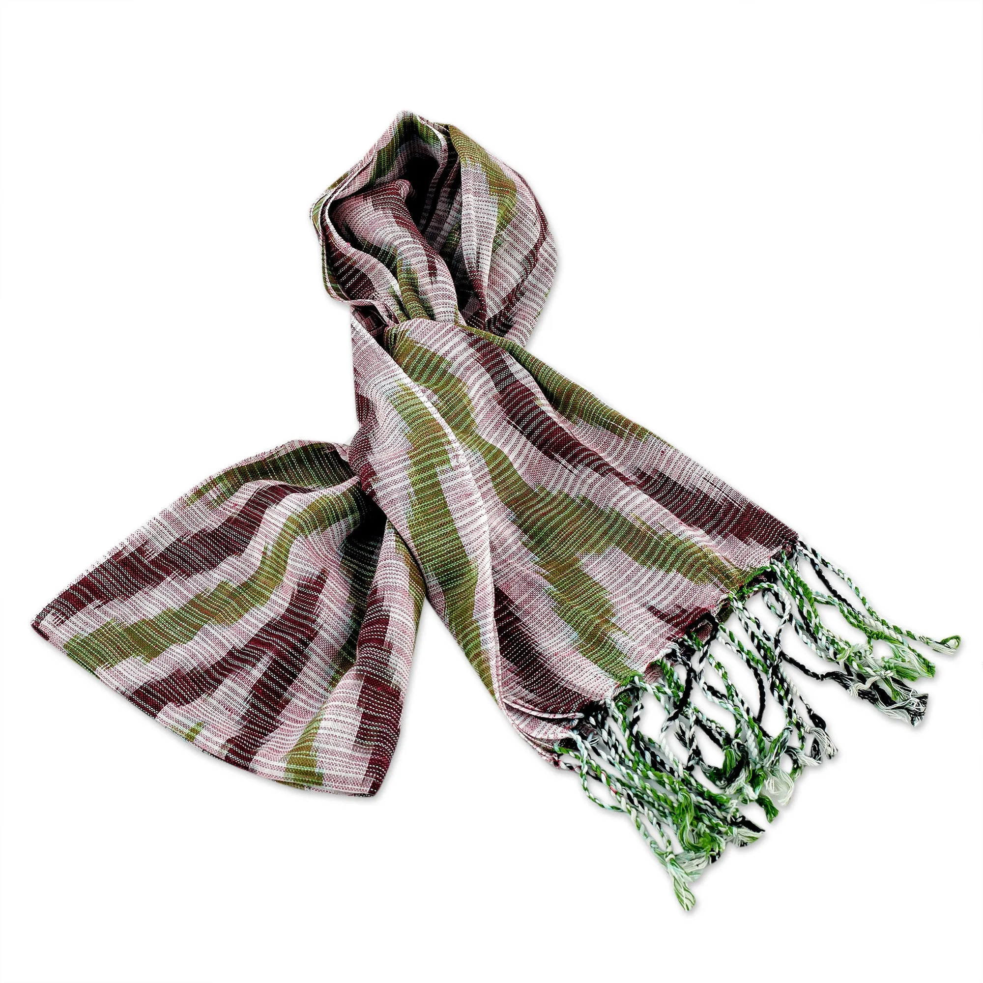 Hand-Woven Fringed Cotton Ikat Scarf in Green and Brown - Uzbek Style | NOVICA