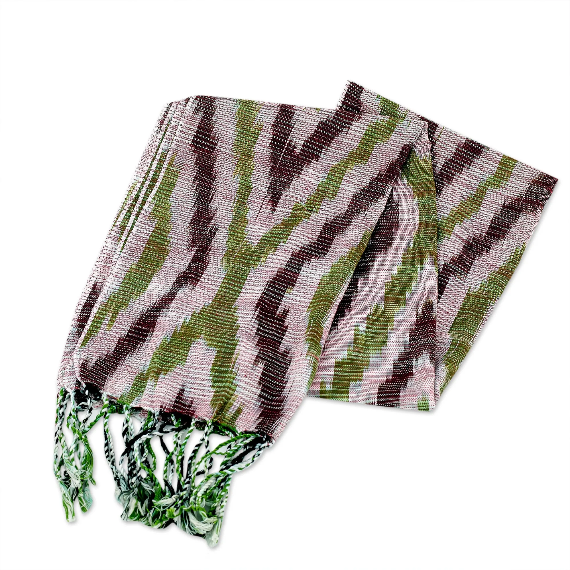 Hand-Woven Fringed Cotton Ikat Scarf in Green and Brown - Uzbek Style | NOVICA