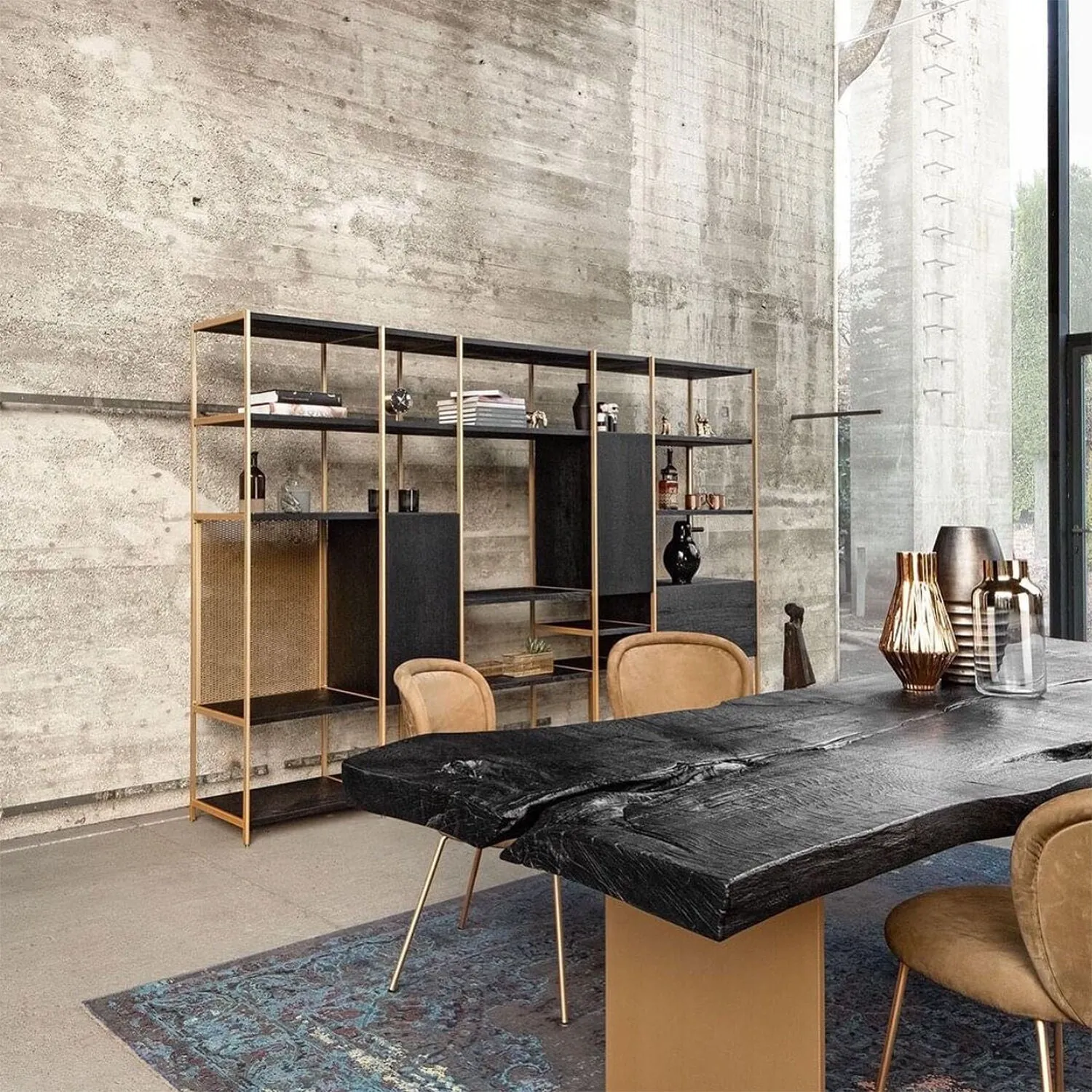 janua | bc 06 room 68 shelving system | 5x5 grid black   brass