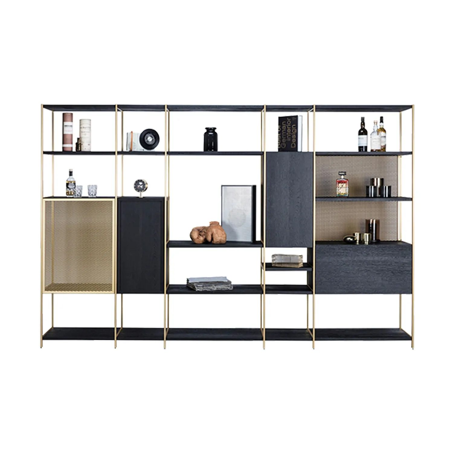 janua | bc 06 room 68 shelving system | 5x5 grid black   brass