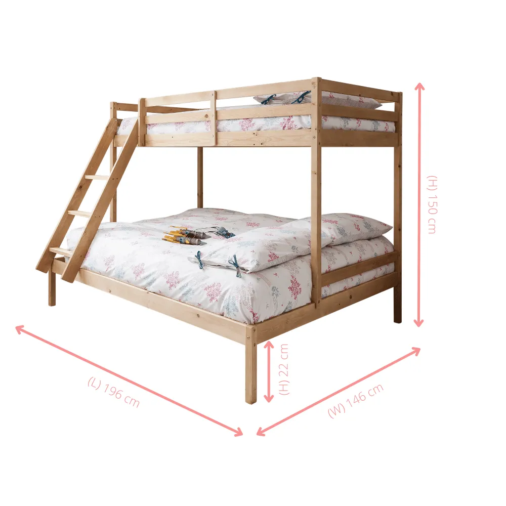 Kent Triple Bunk Bed with Single and Double Bed in Natural Pine