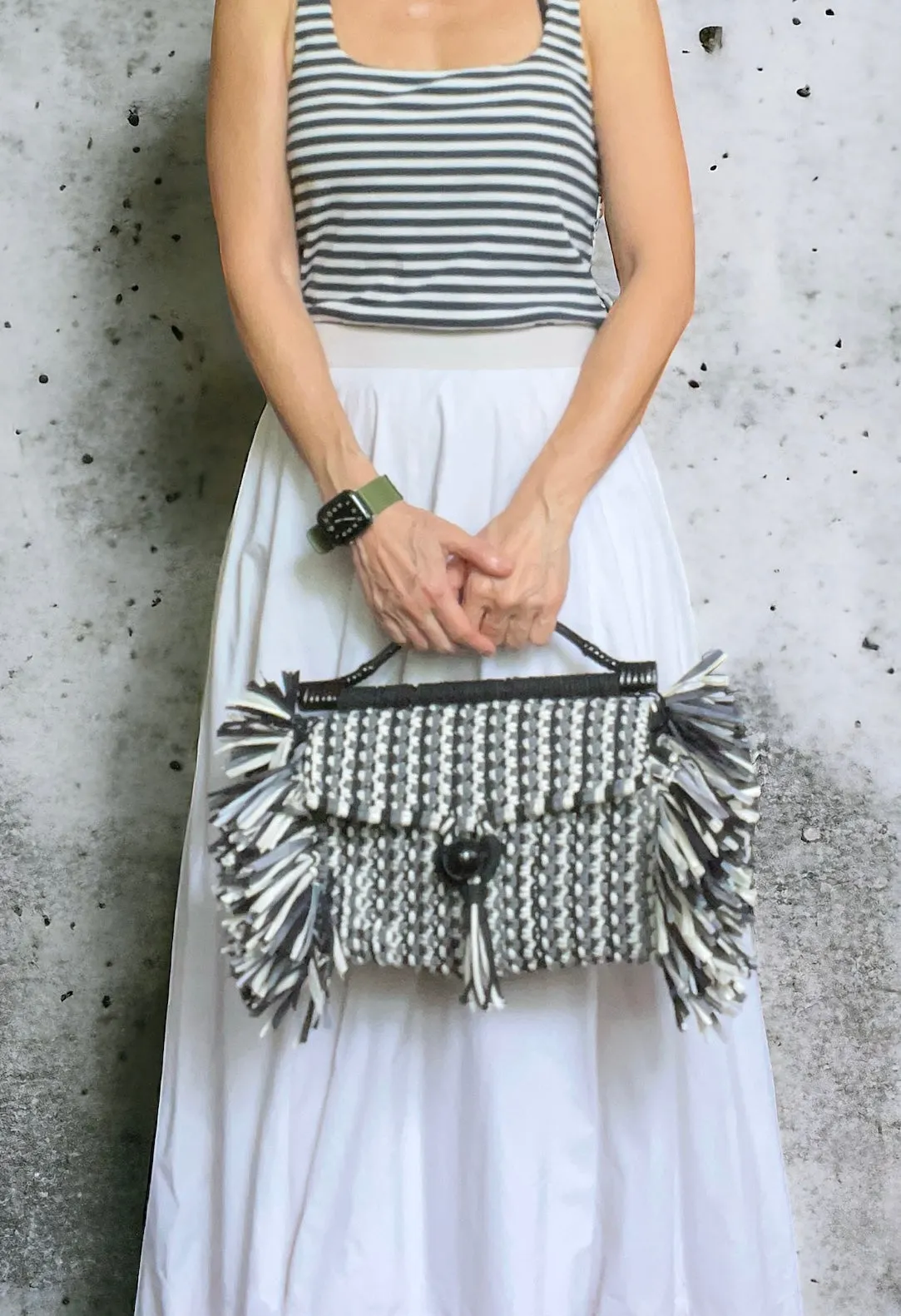 Loki Black and White Cotton & Raffia Handcarry & Shoulder Bag