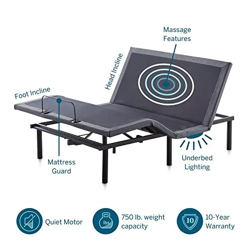 Lucid L600 Adjustable Bed Frame-Bluetooth-Companion App-Head and Foot Incline-Massage-Under Bed Lighting-Dual USB Ports - Full Adjustable Bed Frame