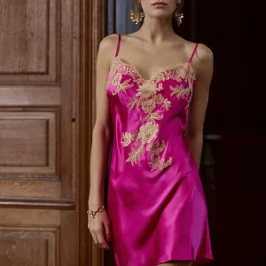 Marjolaine 'Victoria' Fuchsia & Beige Silk Nightie