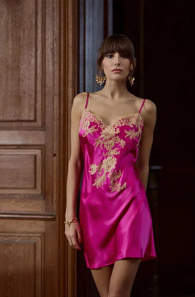 Marjolaine 'Victoria' Fuchsia & Beige Silk Nightie