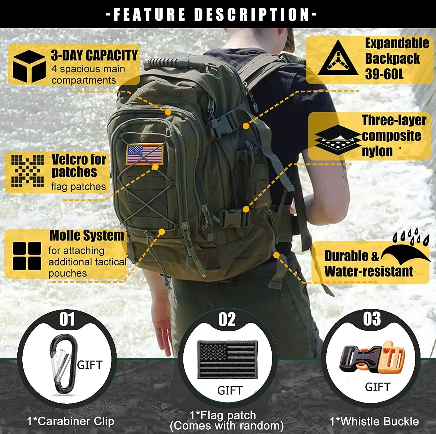 Men Backpacks Large Capacity Military Tactical Hiking Expandable 39L-60L Backpack
