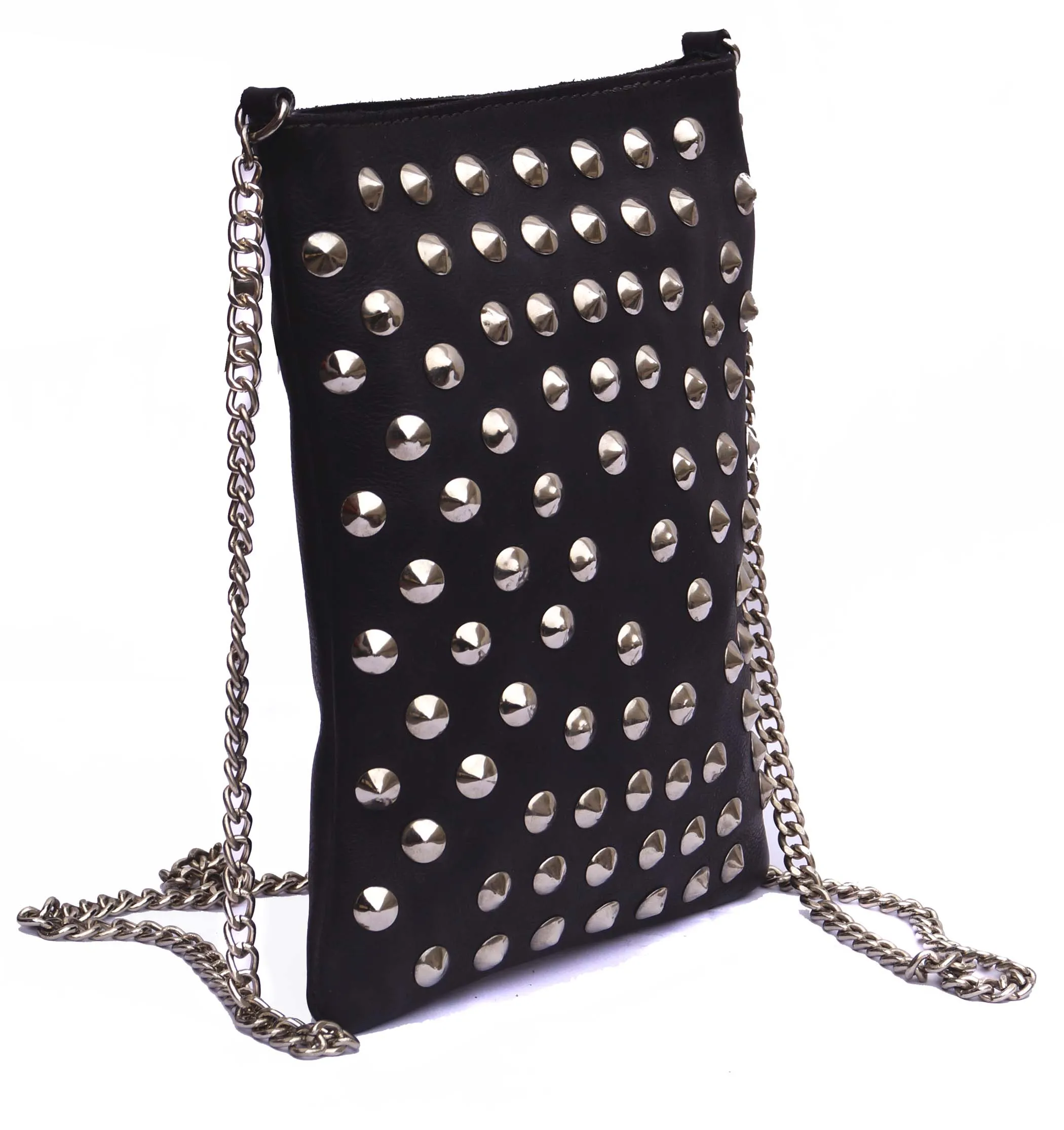 NYC Black Multi Studded Pockets Across Body Shoulder Leather Bag.