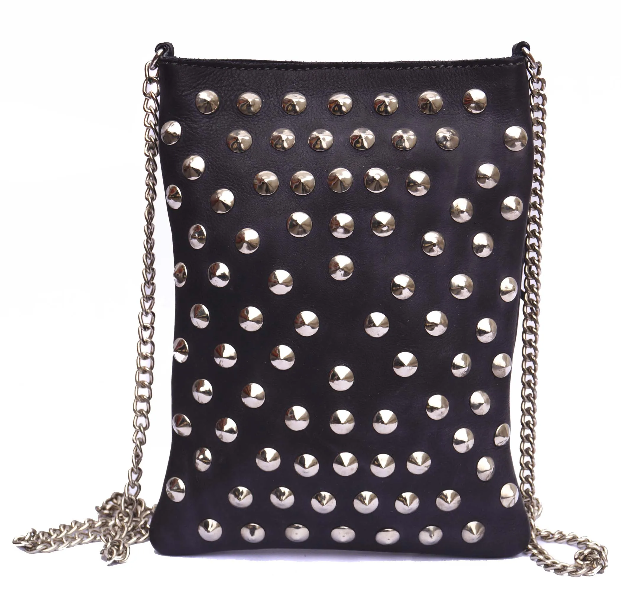 NYC Black Multi Studded Pockets Across Body Shoulder Leather Bag.