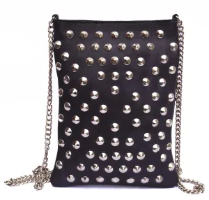 NYC Black Multi Studded Pockets Across Body Shoulder Leather Bag.