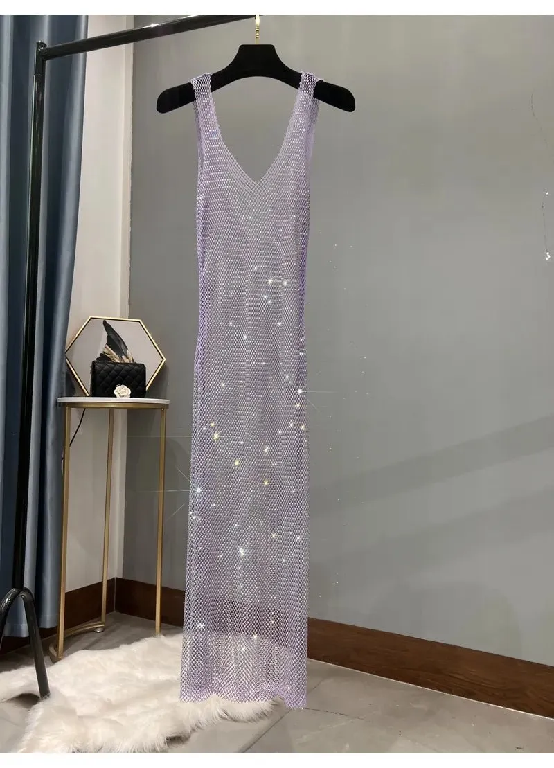 Pre Order:  Dazzling Rhinestones Mesh  Sleeveless Dress